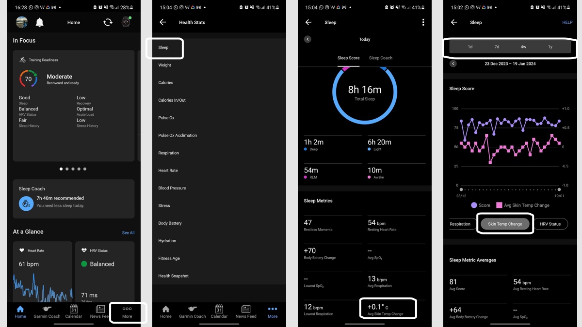 Garmin skin temperature how to view